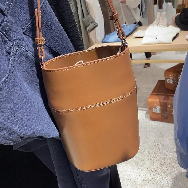 

Vintage Genuine Leather Bucket Bags For Women Casual Large Capacity Women Shoulder Bag Designer Stitching Handbags Women's Bag