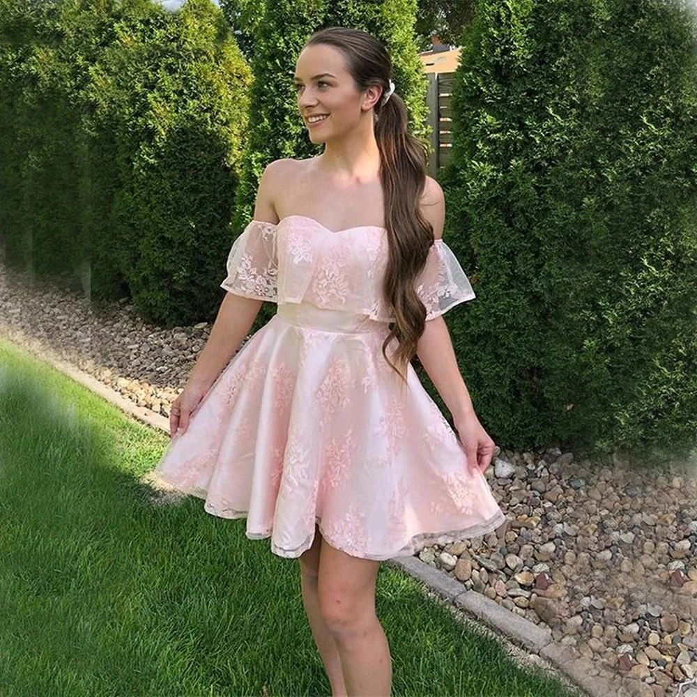 

Розовые кружевные платья для встречи выпускников с открытыми плечами, мини-платья для выпусквечерние вечера, коктейльное платье, платья дл...