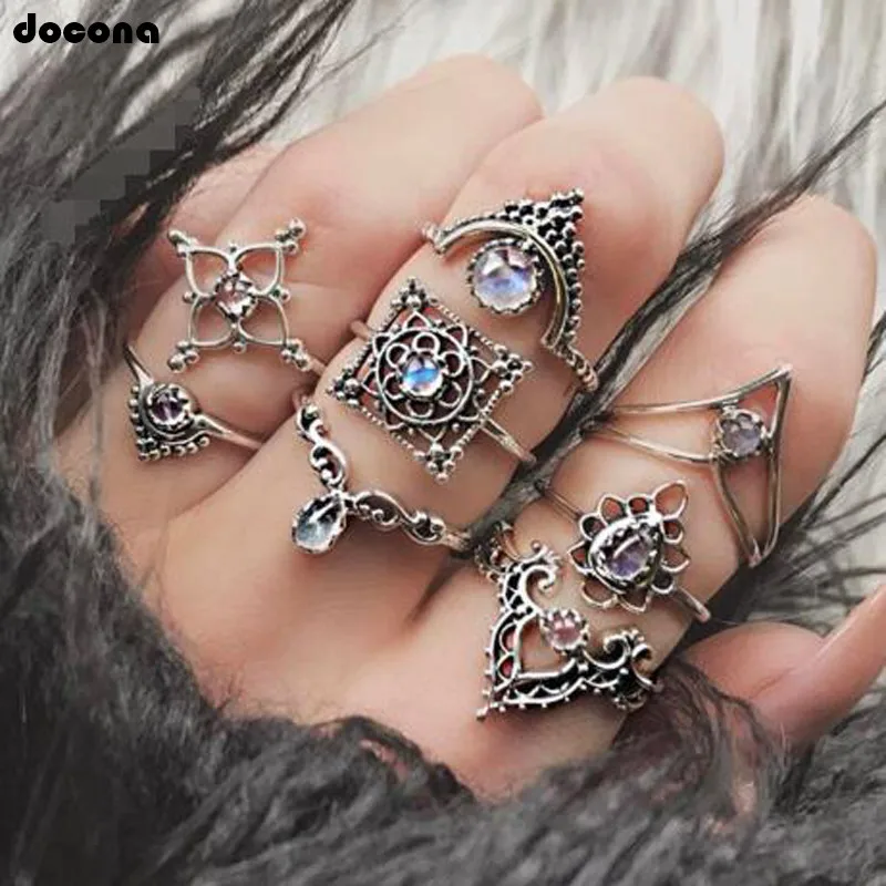 Docona марочные кольца серебряного цвета полые Цветочные Стразы набор колец для
