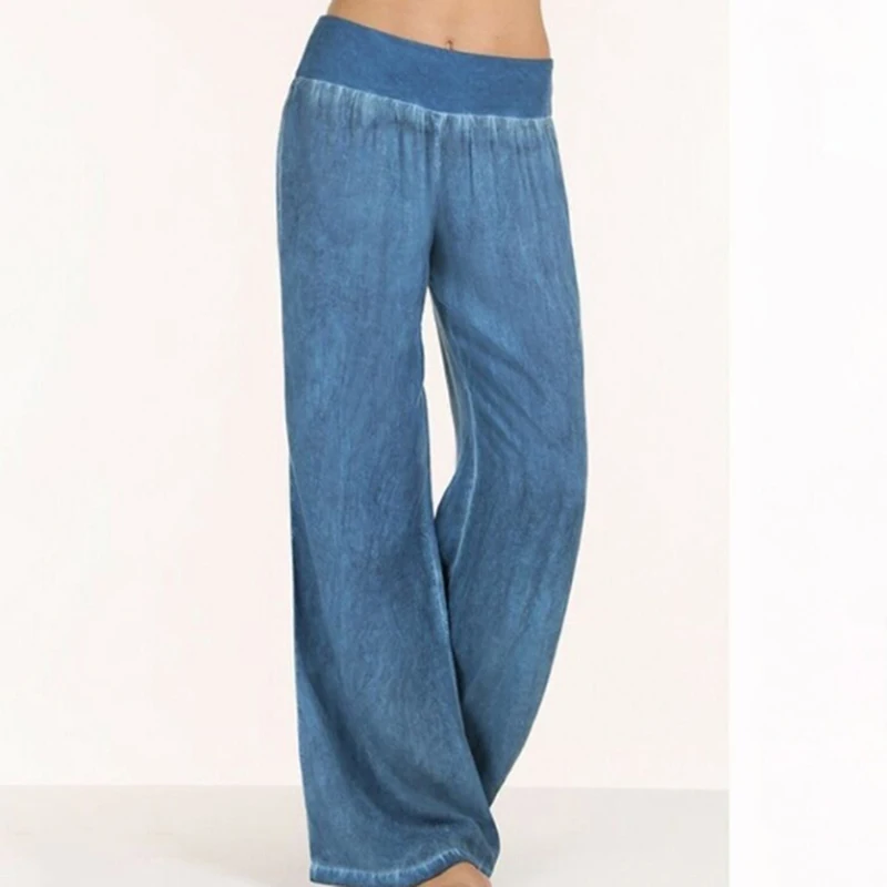 

Casual Loose Solid Full Length Denim Pants Elastic Waist Mid Waist Pleated Wide Leg Pants Comfortable Bresthable Trousers