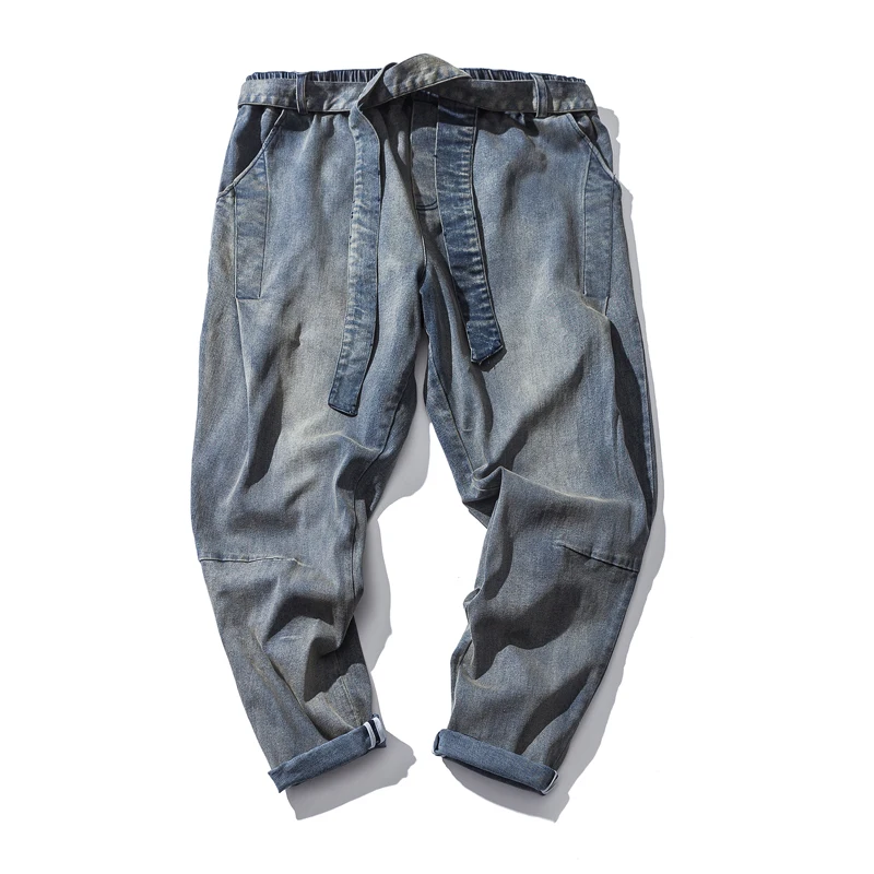 2021 New Arrival Vintage Stylish Elastic Waist Wash All-Cotton Men's Pencil Denim Jeans Belt Decoration Casual Harem Pants