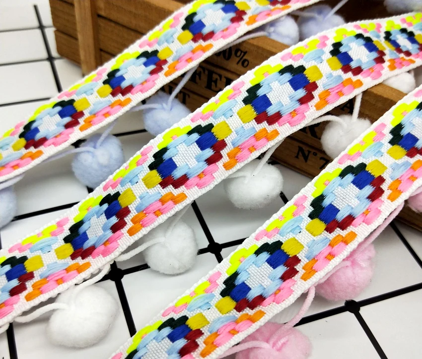

Favorite 4CMX20YARDS Colorful Bohemia Pompom Lace Fabric Pompom Decoration Tassel Spike Ribbon DIY Clothing Curtain Accessories
