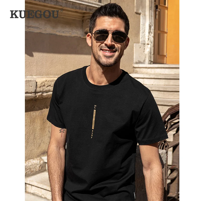 

KUEGOU 2022 Summer 100% Cotton Print White T Shirt Men Tshirt Brand T-shirt Short Sleeve Tee Shirt Fashion Clothes Top 90053