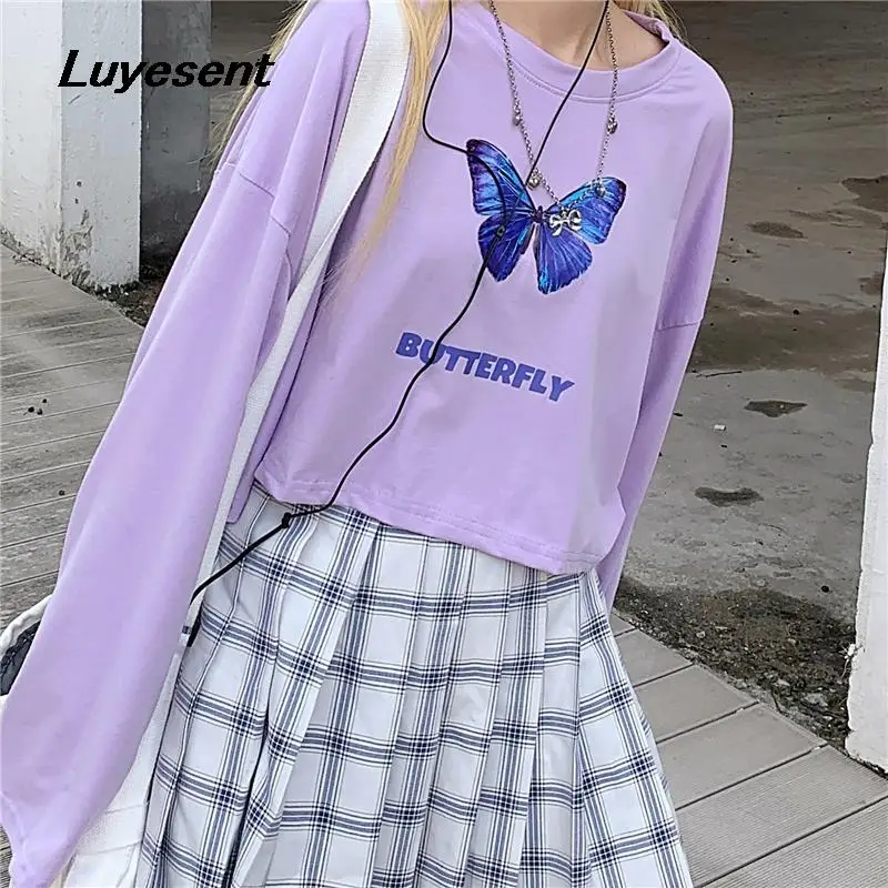 

Футболка Базовая белая/фиолетовая для девочек Y2k, Базовая рубашка с круглым вырезом и длинными рукавами, с принтом бабочек и надписей, в стиле Харадзюку, шикарный топ в Корейском стиле