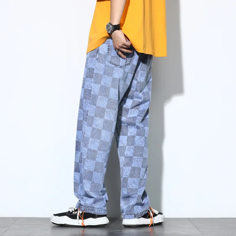 Retro Plaid Men's Jeans New Summer Wide Leg Pants Japanese Streetwear Cartoon Print Fashion Harajuku Trousers Men Baggy | Мужская