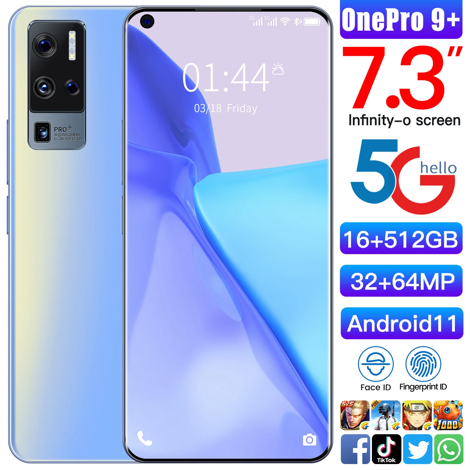 

New One Pro9+ 16+512GB 7.3 Inch 32+64MP 10 Core Fingerprint Unlock Andriod 11 Smart Phone MTK6893 6800mAh Dual SIM Mobile Phone