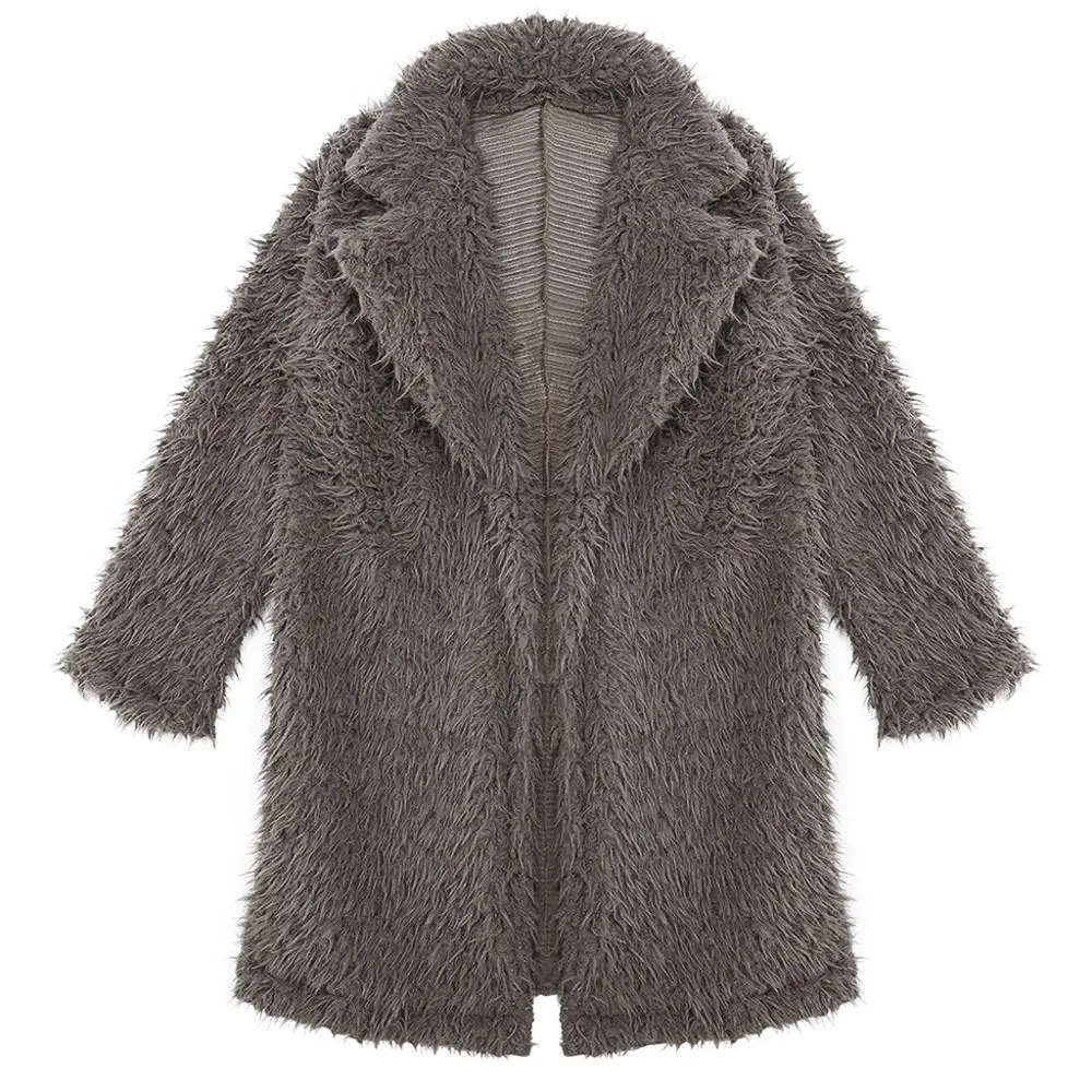 Brown Faux Fur Coat Plus Size Women Autumn Winter Fluffy Plush Coat Solid Lapel Long Sleeve Cardigan Coat Warm Soft Outwear - Color: Brown