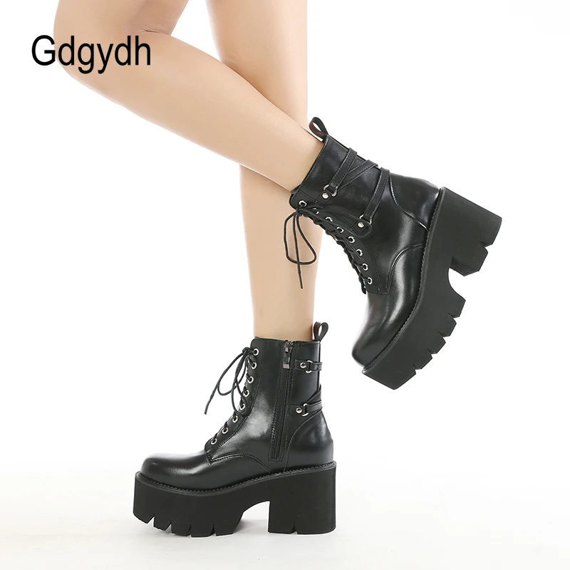 

Gdgydh Demonia Boots Platform Goth Shoes On Heels Black Leather Plus Size Short Boots For Women Footwear Spring Thick Bottom