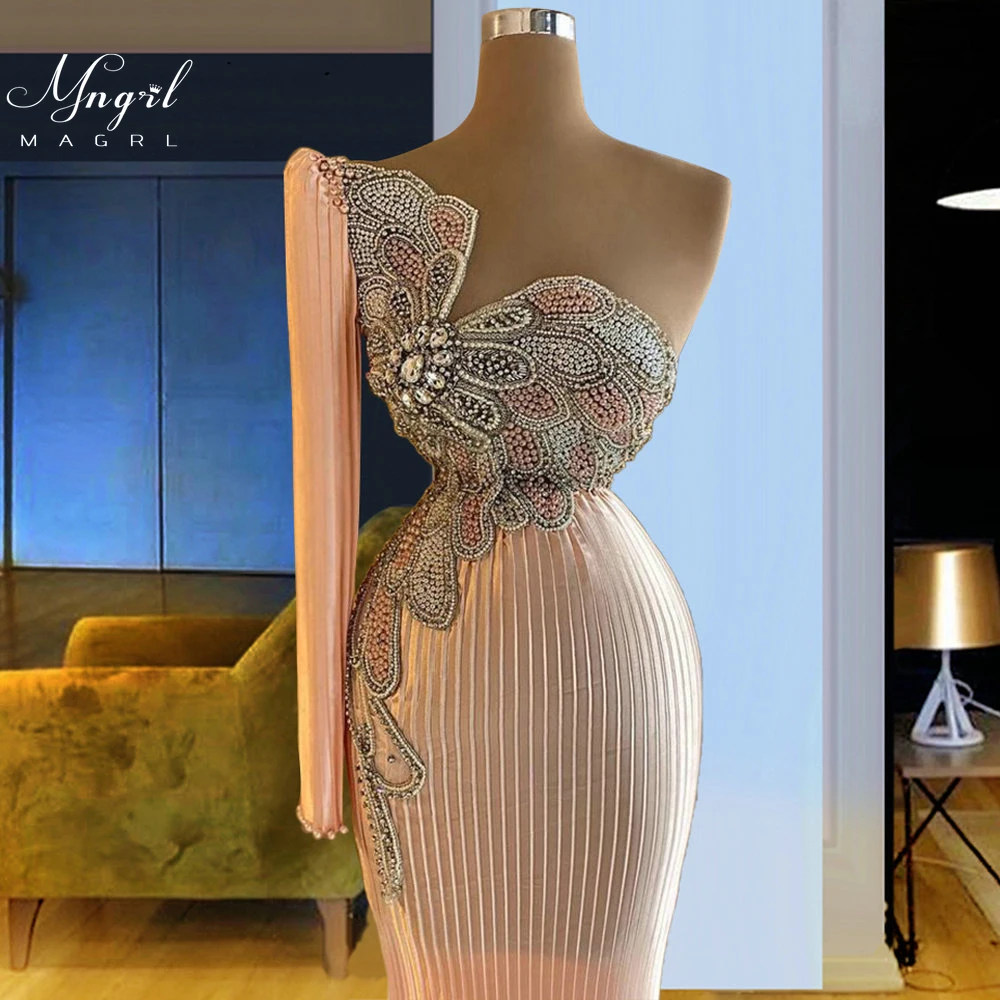 

MNGRL Luxury Evening Dress One-shoulder Long Sleeves Hand-applied Diamonds Glittering 2021 New Evening Dress Party Dress