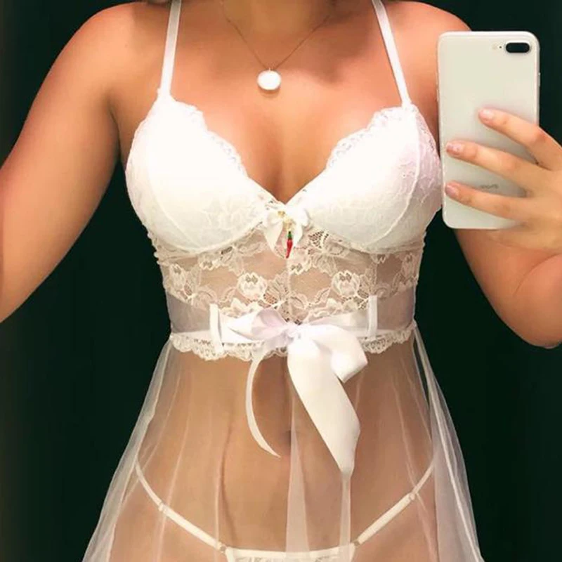 

2021 Women Sexy Fashion Spaghetti Strap Sleepwear See Through V Neck Mesh Spilicing Babydoll Lingerie Set