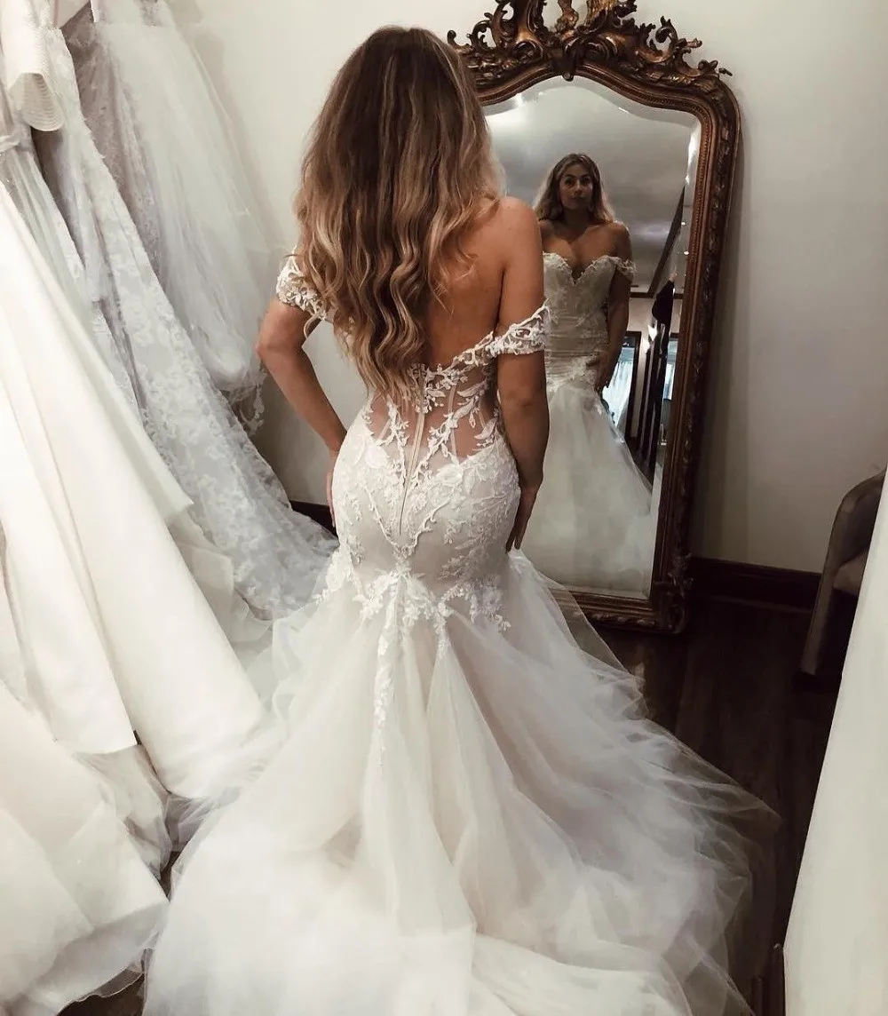 

Mermaid Off the Shoulder Illusion Applique Tulle Court Train Bridal Dresses China 2020 Sexy Open Back Vintage Lace Wedding Dress
