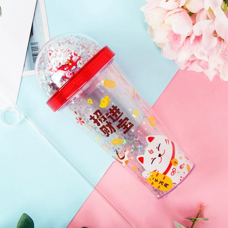 380 мл двойная летняя чашка для льда счастливая кошка пластиковая мультяшная воды