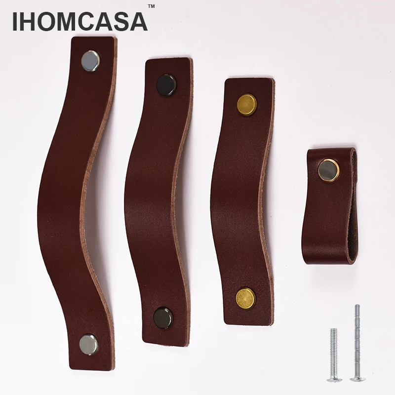 

IHOMCASA Retro Cowhide Handle Door Knobs Furniture Drawer Cupboard Kitchen Shoe Cabinet Pulls Brown Leather Handles Hardware