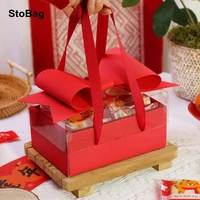 stobag 5pcs red transparent box with bowknot birthday wedding party new year gift handmade cookies candy packaging decoration