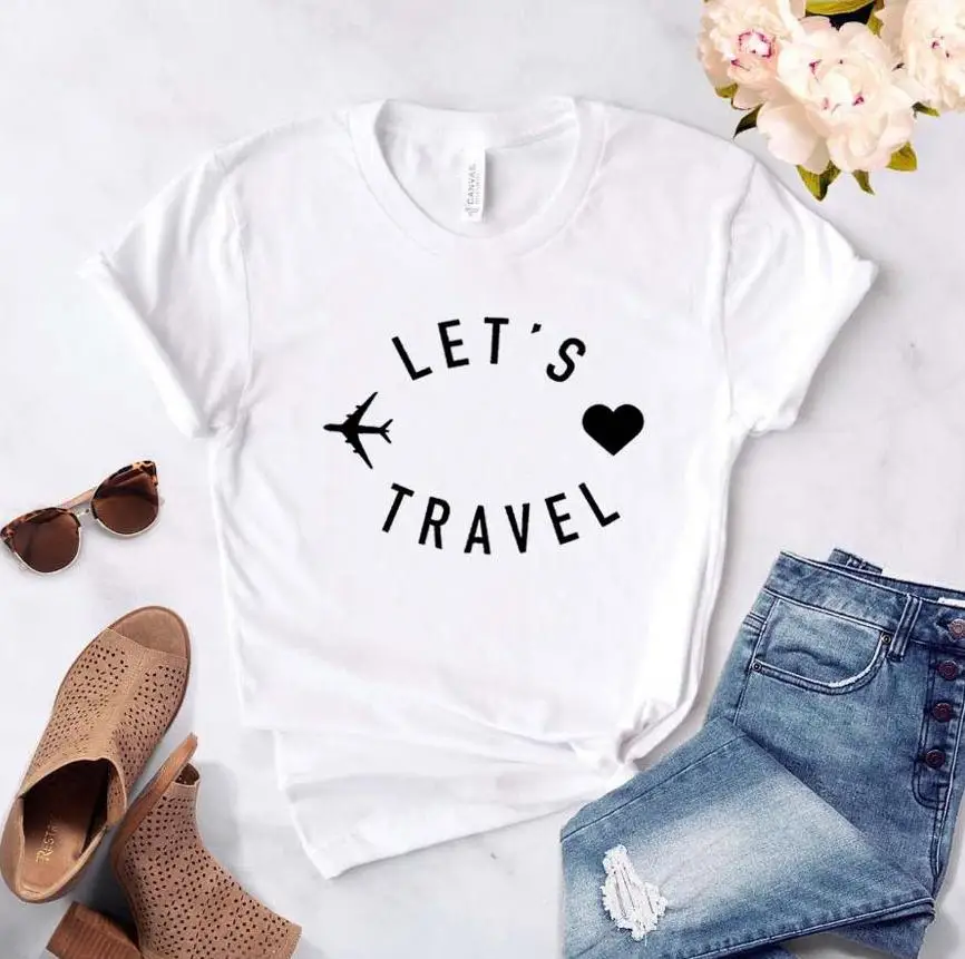 

Travel Plane Let's Travel Summer Women T shirt Cotton Women Short Sleeve Femme T-shirts Black Graphic Tees Camisetas Mujer