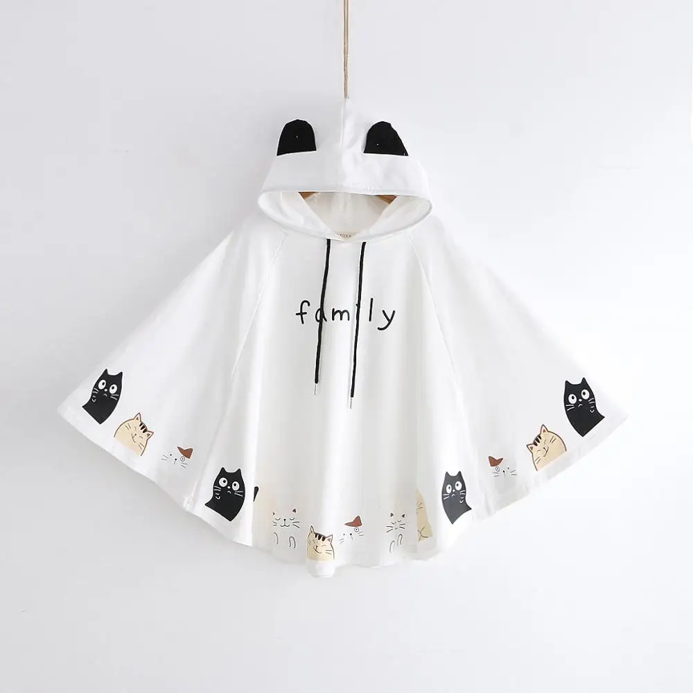 Harajuku Lolita Япония школьницы Милая кошка Печать плащ с капюшоном пальто Забавный