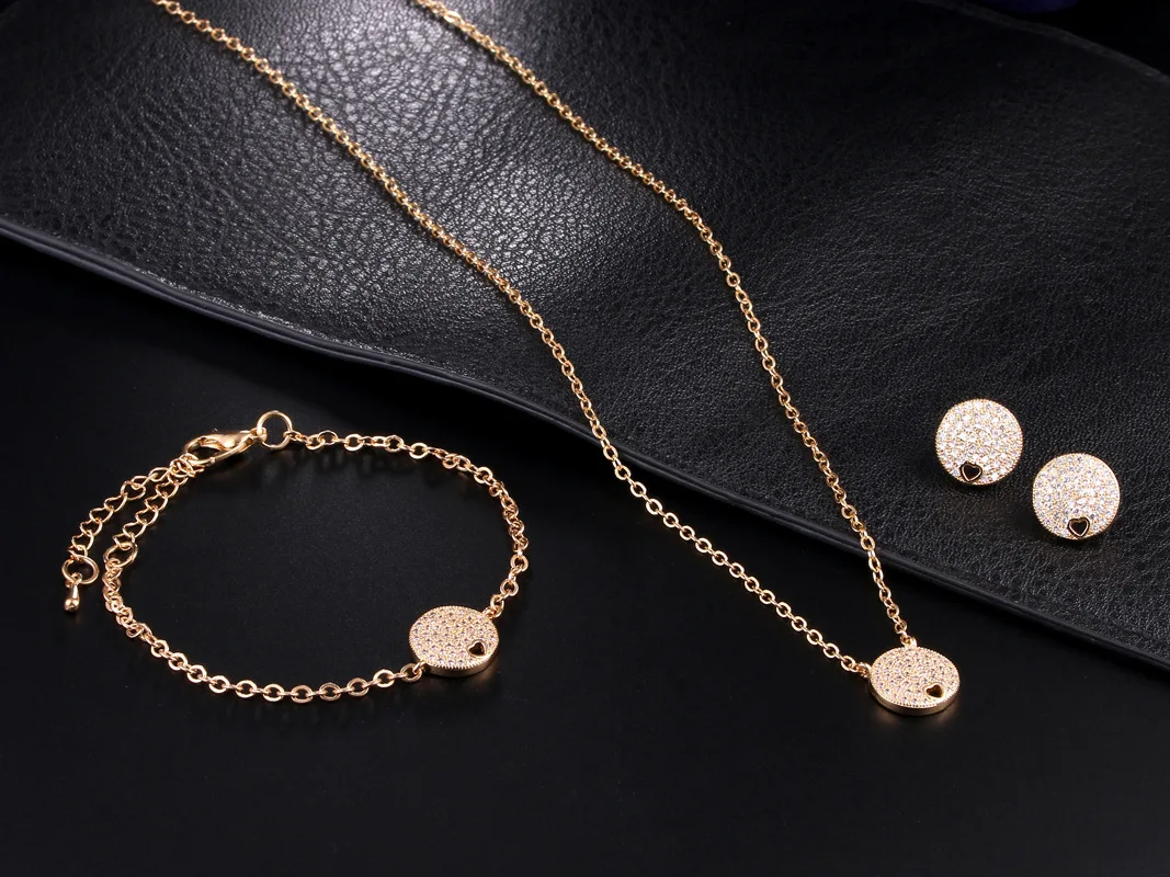 Модные золотые ювелирные изделия набор Циркон Любовь круг серьги ожерелье кулон