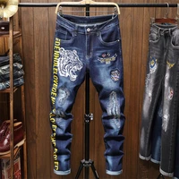 new mens autumn winter tiger head embroidered jeans personality blue stretch denim pants classic motorcycle hip hop trousers