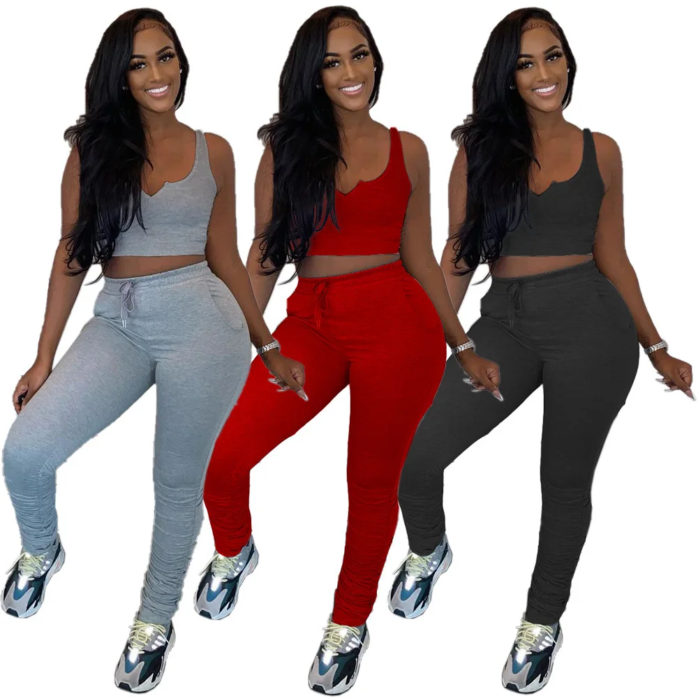

A2062 European and American women's Vest pleated loose sports two piece set