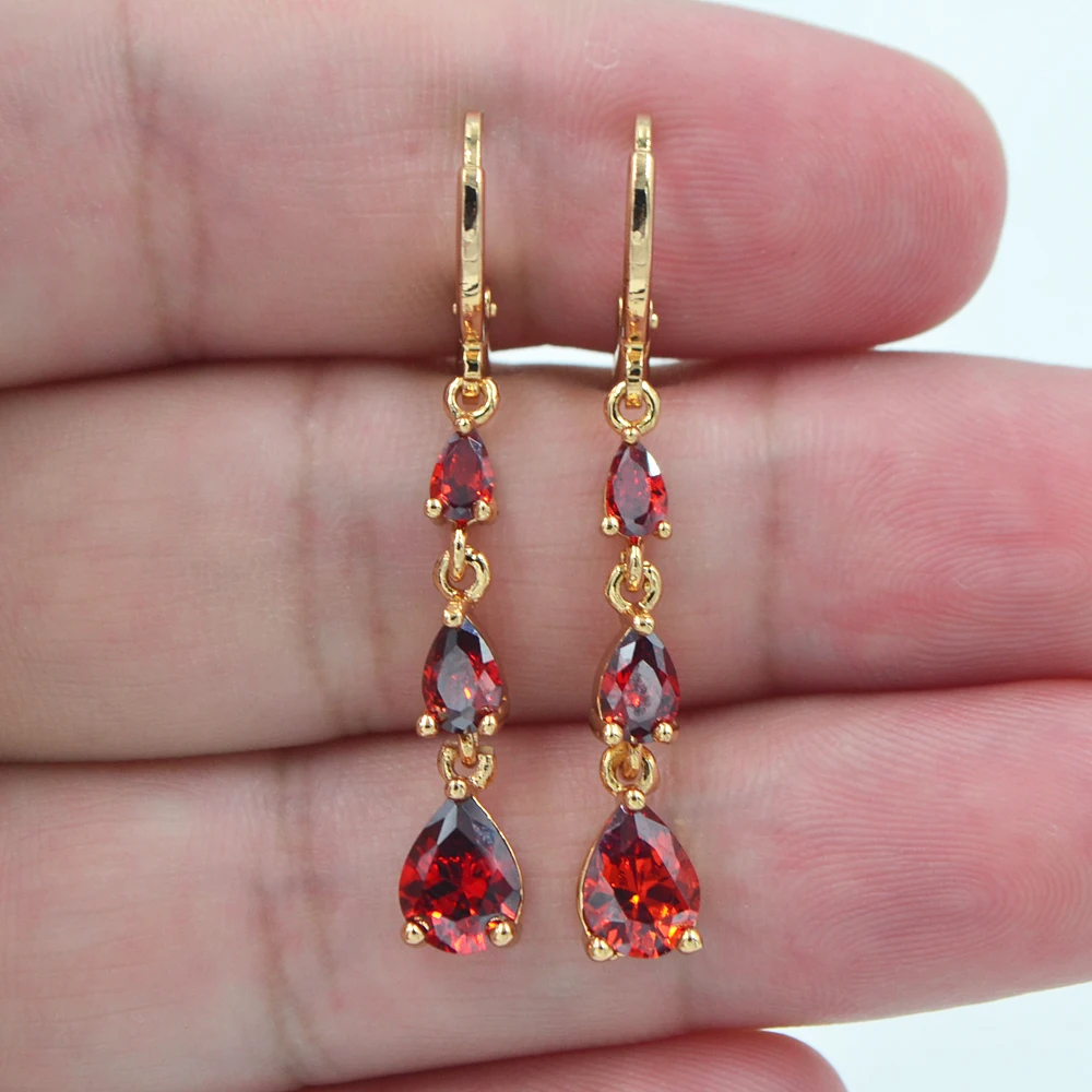 Модные ювелирные изделия золотого цвета с красным фианитом стильные каплевидные