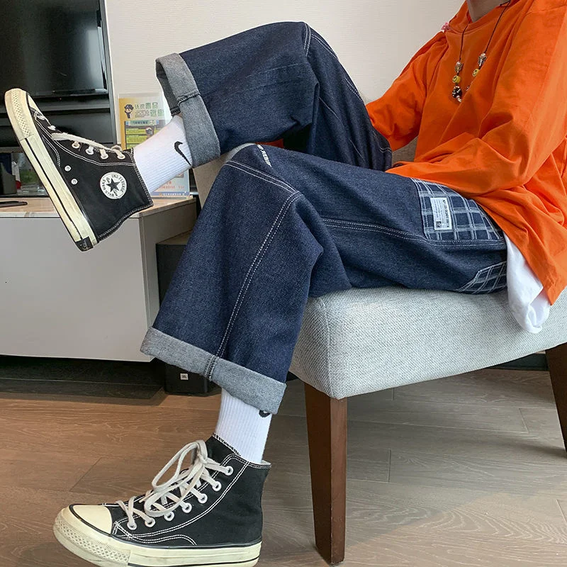 

Privathinker Vintage Plaid Jeans Fashion Loose Straight Casual Men's Denim Trousers Harajuku Blue Wide Leg Pants For Male