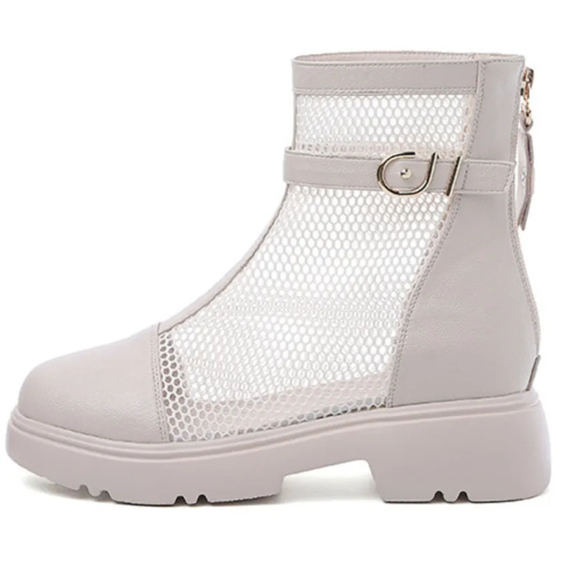 

Summer Air Mesh Women Ankle Boots 2021 Round Toe Med Heels Female Shoes Hollow Out Casual Style Square Heels Woman Booties
