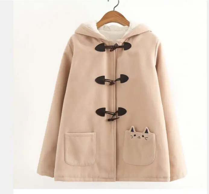 

1pcs/lot Lamb Wool Winter Coat Women Fashion Horn Button Fleece Loose Jacket Hooded Cartoon Cat Warm coat