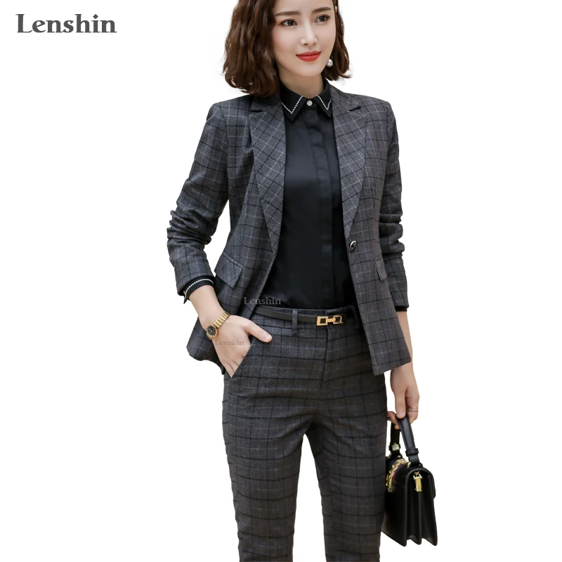 Lenshin, комплект из 2 предметов, клетчатый деловой костюм со штанами, Офисная форма, дизайн для женщин, деловые костюмы высокого качества, одежда для работы