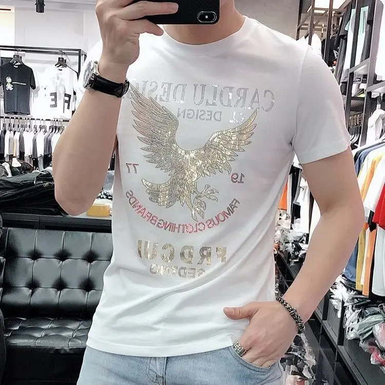 

2021 summer new short-sleeved T-shirt men's trendy brand hot diamond round neck half-sleeved slim handsome male