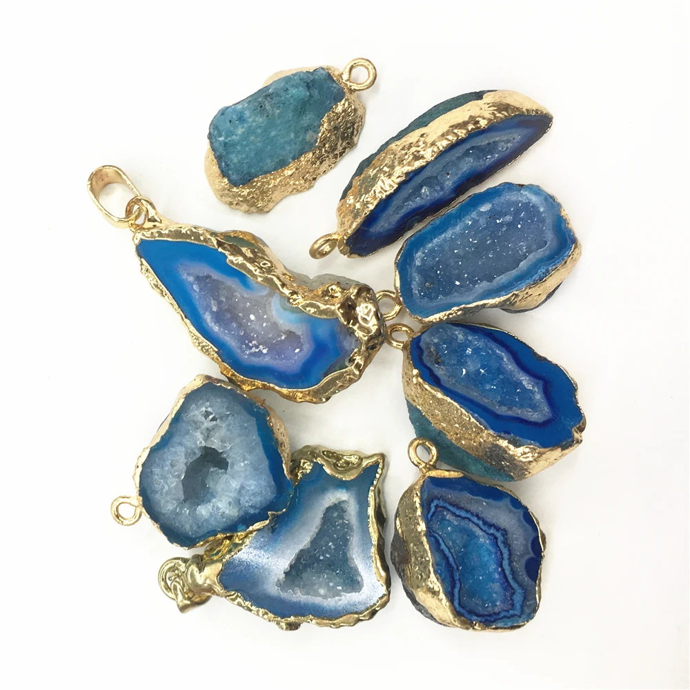 

Hot Fashion Natural Stone Reiki Druzys Pendants&Necklace Brazilian Electroplated Gold Edged Slice Open Blue Agates Geode Drusy