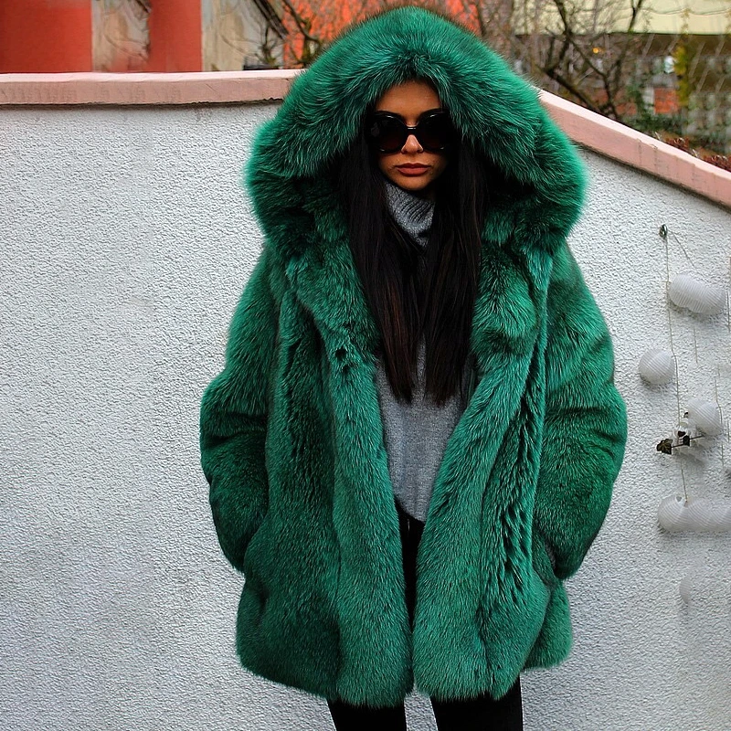 Natural Green Fox Fur Coats Medium Length Luxury Whole Skin Genuine Fox Fur Jackets Medium Length Winter 2022 New Fur Overcoats