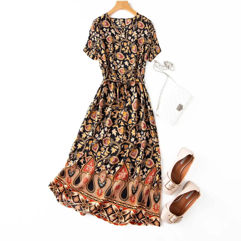 

SHUCHAN Bohemian Print 2021 Women Fashion Clothing V-Neck Dress Vestidos Sukienka Letnia Elegancka Long Dresses