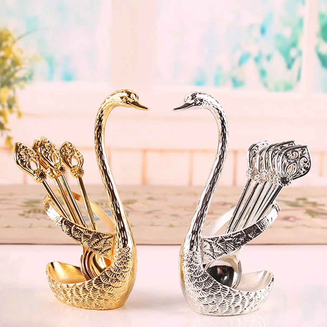 

7Pcs Fruit Fork Spoon Storage Set Swan Fruit Base Holder Spoon Set Salad Dessert Coffee Cake Tableware Kitchen Swan Bracket