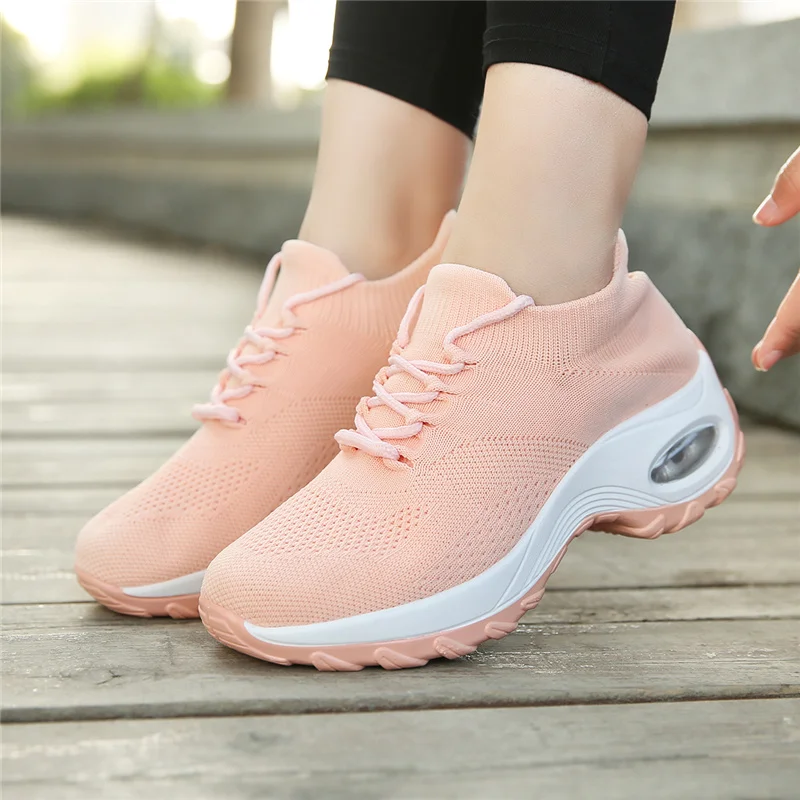 Women Tennis Shoes Breathable Lace-up Mesh Gym Sports Shoes Comfortable Air Cushion Trainers Sneakers