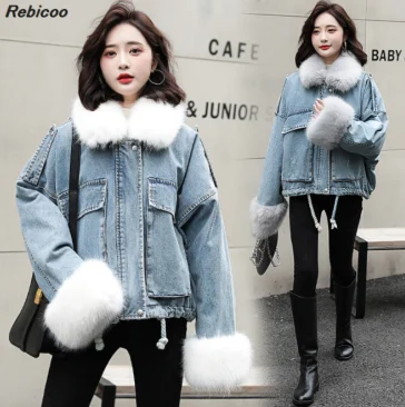 Джинсовые лоскутные шерстяные плюшевые милые пальто с отложным воротником и