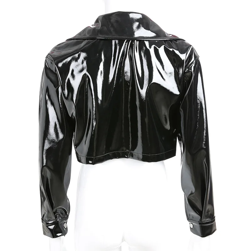 

Autumn Women Jackets Fashion Lightly Cooked Temperament Turndown Collar Patent Leather Loose Short Black Hop Hip Jacket