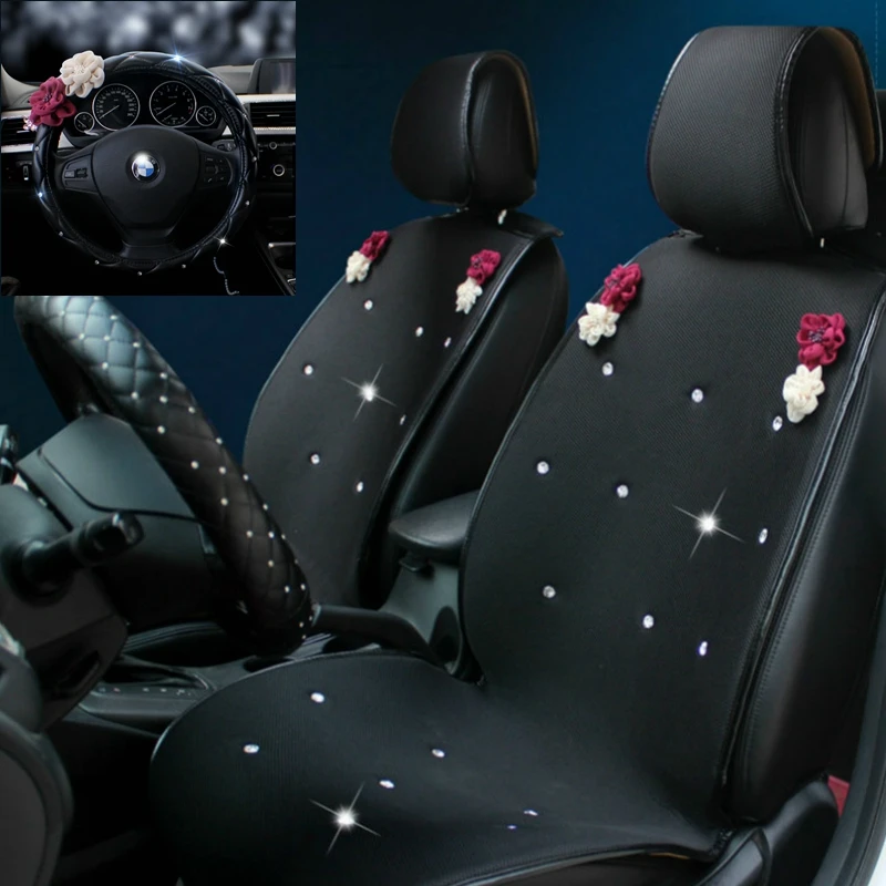 

Украшение из роз и кристаллов, шикарные чехлы на автомобильные сиденья, всесезонные подушки на пять сидений для женщин, автозапчасти для ин...