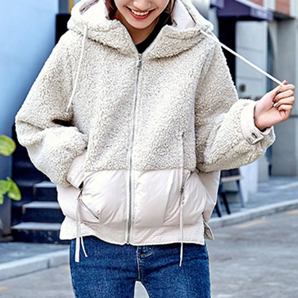 JAYCOSIN Winter Hoodie Coat Fashion Women Outwear Hooded Patchwork Embroidery Casual Long Sleeve Lamb Plush Jacket Overcoat |