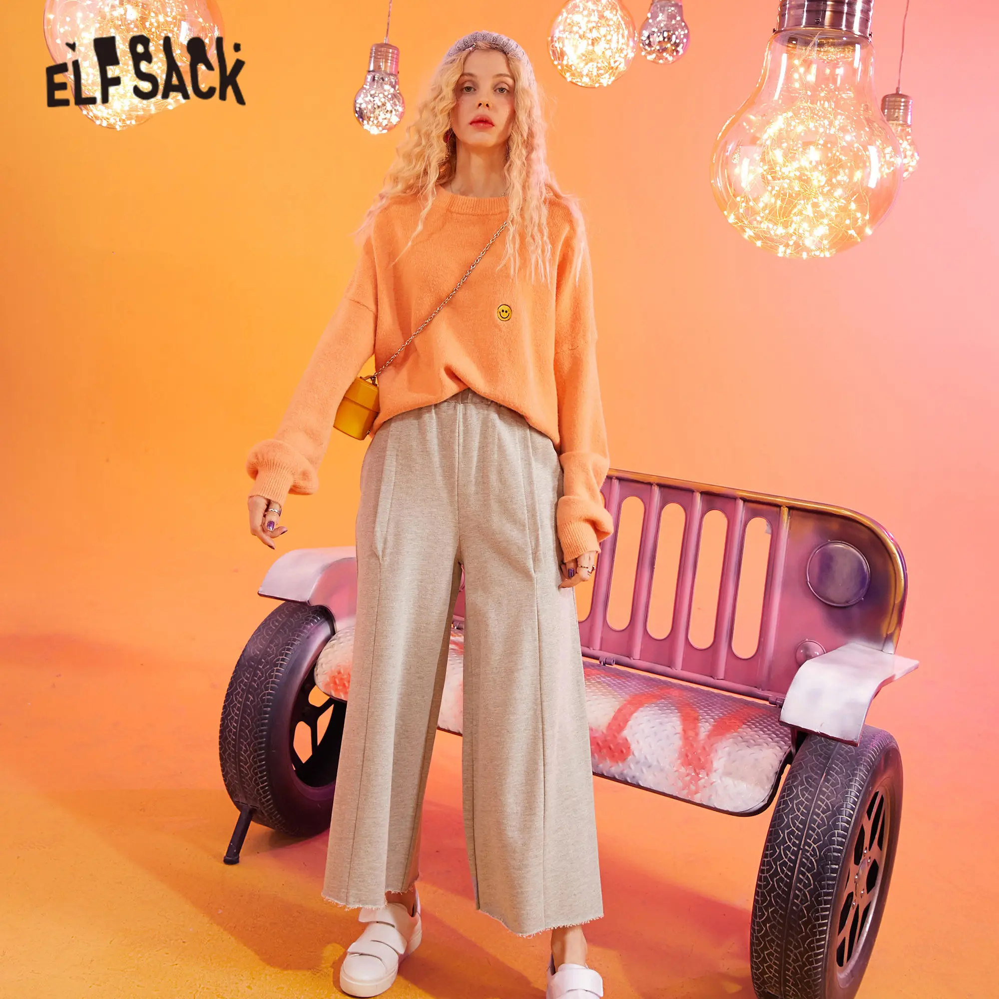 ELFSACK серые одноцветные с эластичной талией свободные повседневные для женщин