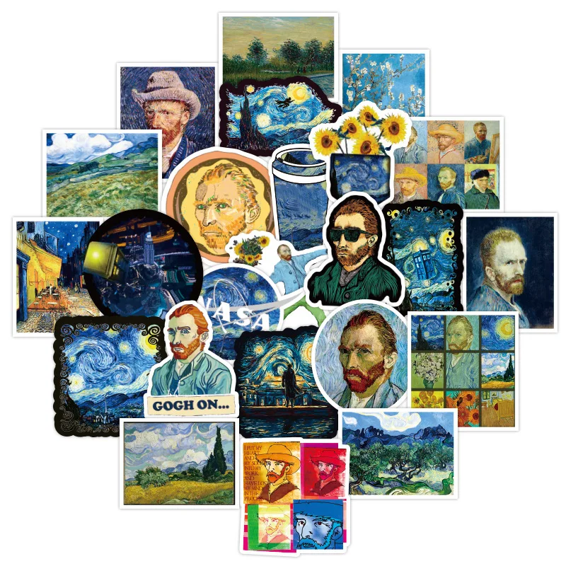 

50pcs Van Gogh Works Sunflower Oil Painting Graffiti Stickers Luggage Laptop Guitar Waterproof Stickers