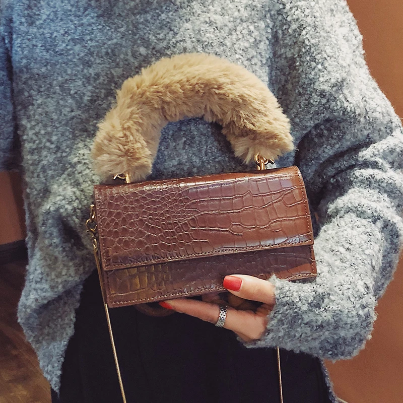 

Hot Fashion Female Tote Bag Quality PU leather Women's Crocodile Pattern Handbag Plush Portable Shoulder Messenger Bags
