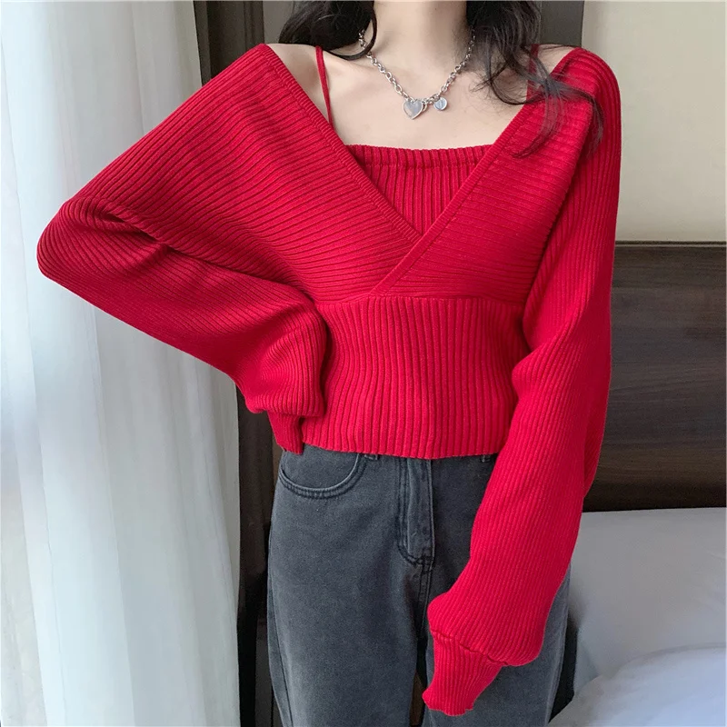 

Женский трикотажный свитер, базовый короткий топ из двух предметов с квадратным воротником и длинным рукавом, Осень-зима