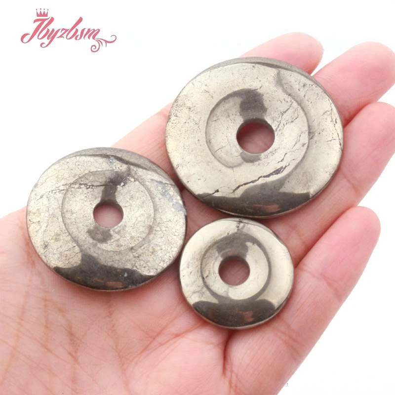 

25 35 40mm Natural Donut Circle Round Silver Gray Pyrite Stone Beads For DIY Women Necklace Pandant Jewelry Making Design 1 Pcs