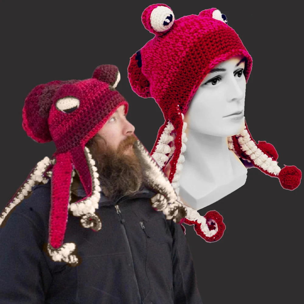 

Knit Octopus Hats Beard Hand Weave Wool Christmas Cosplay Party Funny Tricky Headwear Warm Winter Men Hat Bonnet Dropshipping
