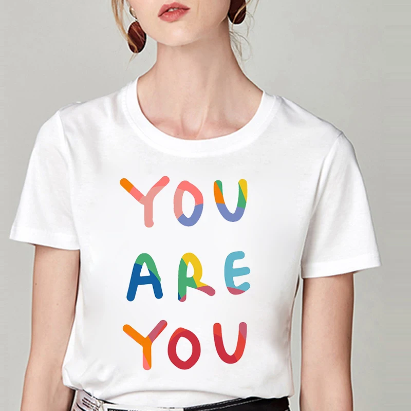 

Women O-neck Short Sleeve Lady Clothes Colorful You Are You Letter Print T-shirt 90's Girl Harajuku Oversize Summer Top Tees