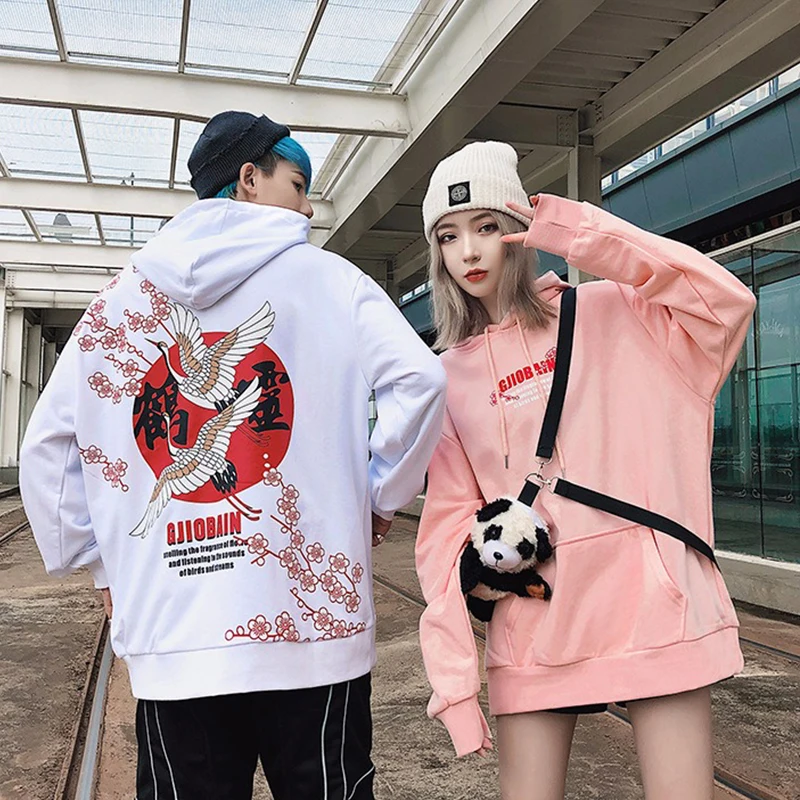 

Oversize Style Hoodies Sweatshirt Hip Hop Men Chinese Kanji Harajuku Streetwear Hoodie Crane Floral Print Autumn Hooded Pullover