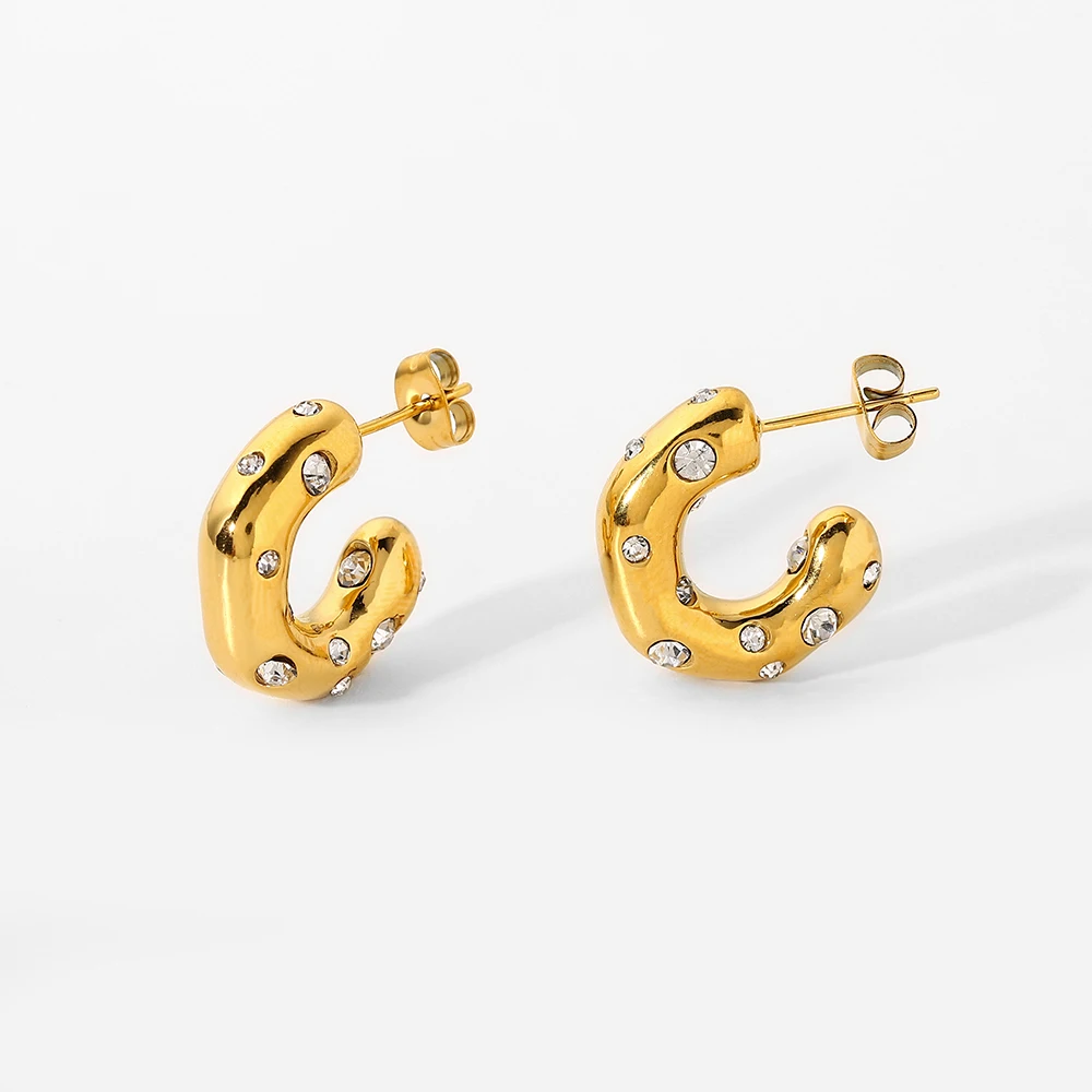 

INS Hot 18K Gold Plated Stainless Steel Circle Earrings Jewelry Irregular Hammer Shiny Zircon CC Shape Hoop Earrings For Women