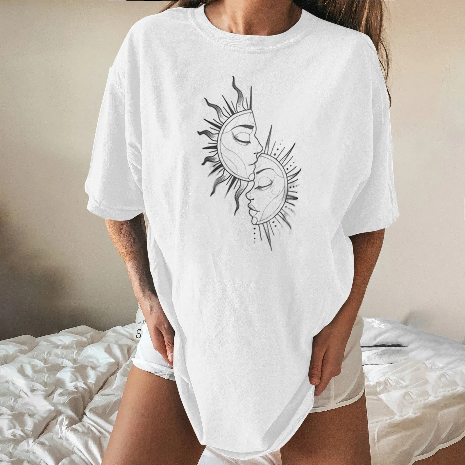 

Sun And Moon Printed Women Summer T-shirts Vintage Pattern Casual Short Sleeve Tops Streetwear Tee Shirt Femme Camisetas De Muje