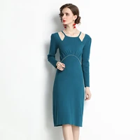 larci 2021 autumn and winter women s dress temperament long sleeve slim knit beaded knee length dress