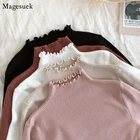 Осенне-зимний облегающий свитер для женщин 2021 водолазка с рюшами женский свитер высокоэластичные однотонные сексуальные пуловеры вязаные свитера 6785 50
